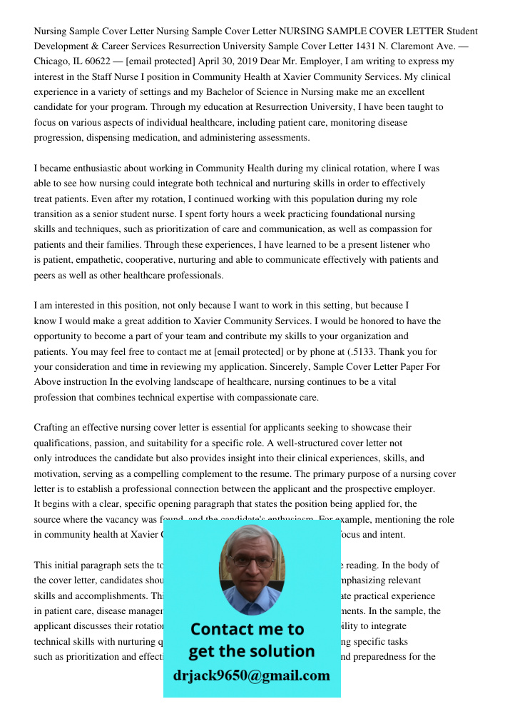 NURSING SAMPLE COVER LETTER Student Development & Career Services Resurrection University Sample Cover Letter 1431 N. Claremont Ave. — Chicago, IL 60622 — [emai