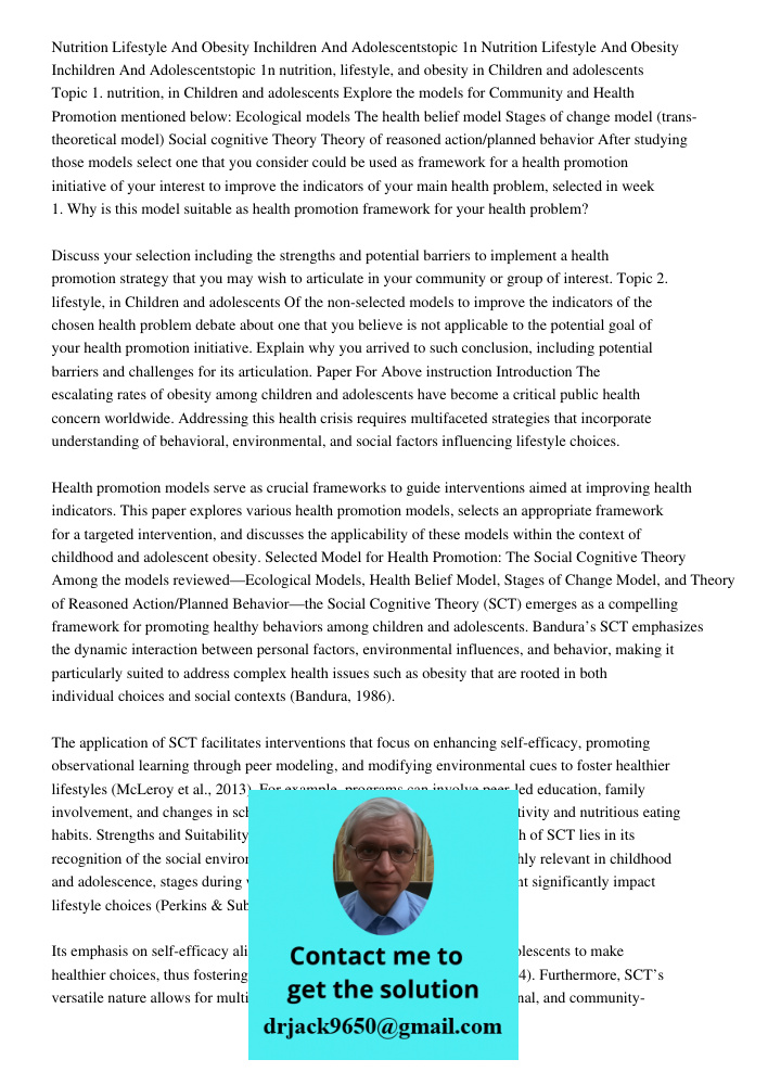 nutrition, lifestyle, and obesity in Children and adolescents Topic 1. nutrition, in Children and adolescents Explore the models for Community and Health Promot