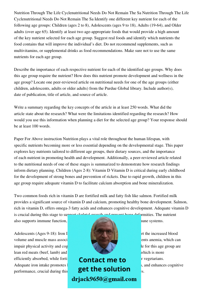 Identify one different key nutrient for each of the following age groups: Children (ages 2 to 8), Adolescents (ages 9 to 18), Adults (19-64), and Older adults (