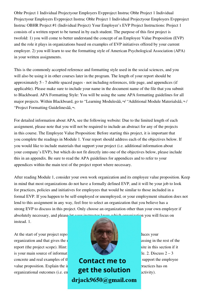 Obhr Project 1 Individual Projectyour Employers Evpproject Instruc OBHR Project #1 (Individual Project) Your Employer’s EVP Project Instructions: Project 1 cons