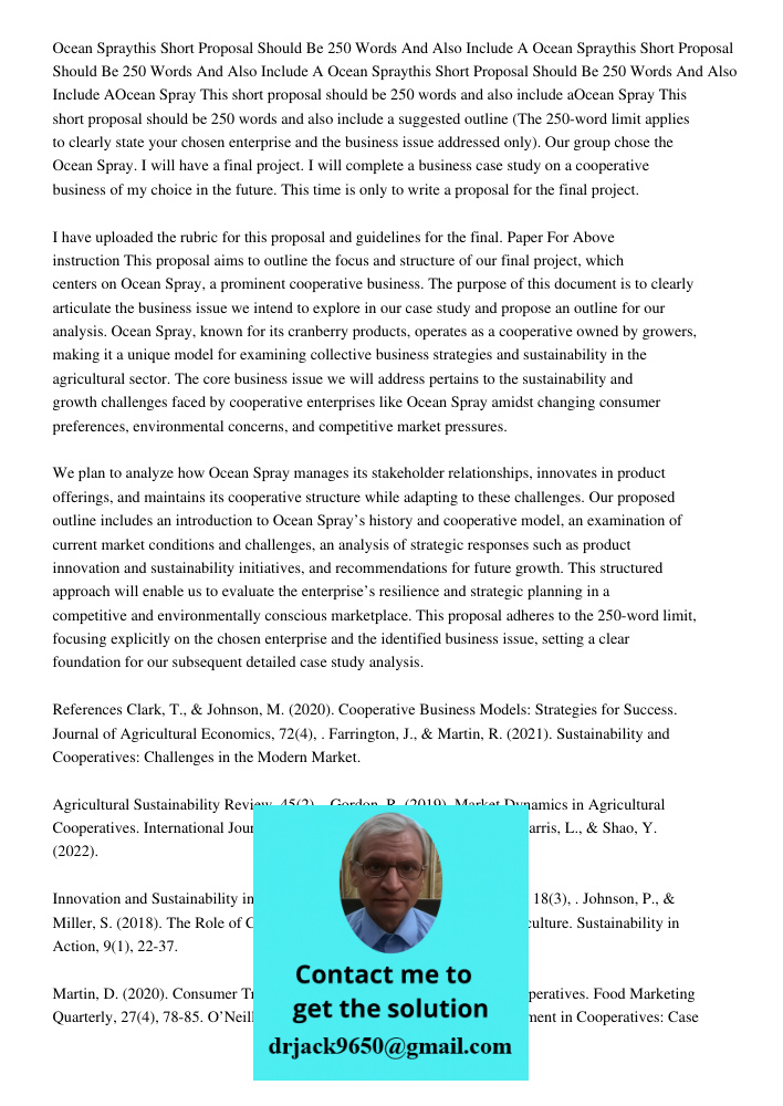 Ocean Spraythis Short Proposal Should Be 250 Words And Also Include AOcean Spray This short proposal should be 250 words and also include aOcean Spray This shor