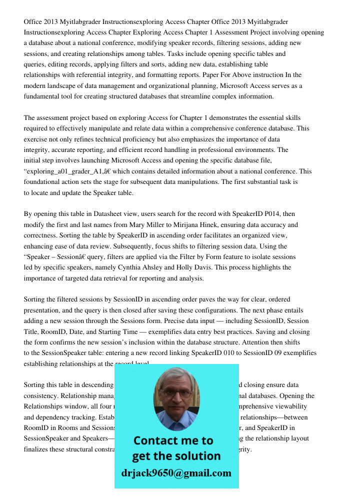 Exploring Access Chapter 1 Assessment Project involving opening a database about a national conference, modifying speaker records, filtering sessions, adding ne