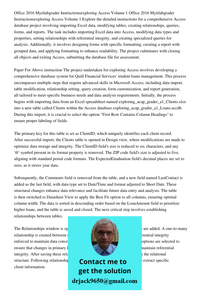 Explore the detailed instructions for a comprehensive Access database project involving importing Excel data, modifying tables, creating relationships, queries,