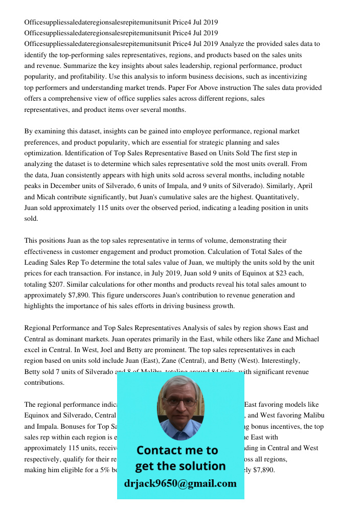 Officesuppliessaledateregionsalesrepitemunitsunit Price4 Jul 2019 Analyze the provided sales data to identify the top-performing sales representatives, regions,