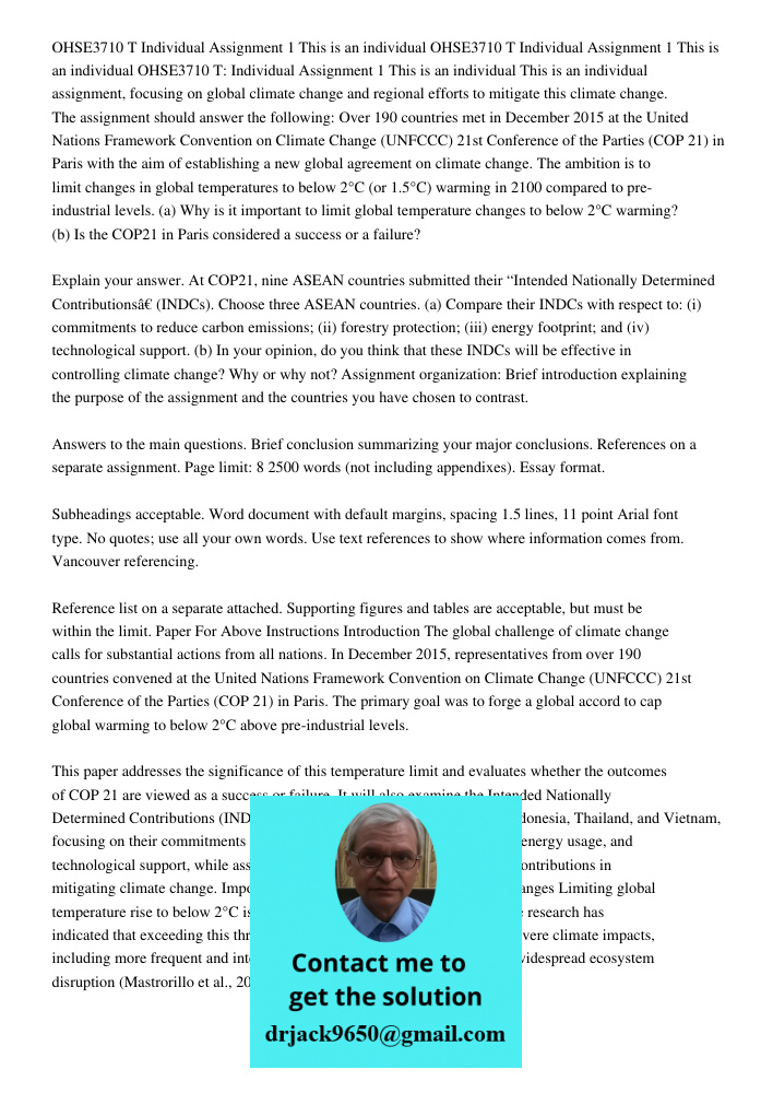 OHSE3710 T Individual Assignment 1 This is an individual This is an individual assignment, focusing on global climate change and regional efforts to mitigate th