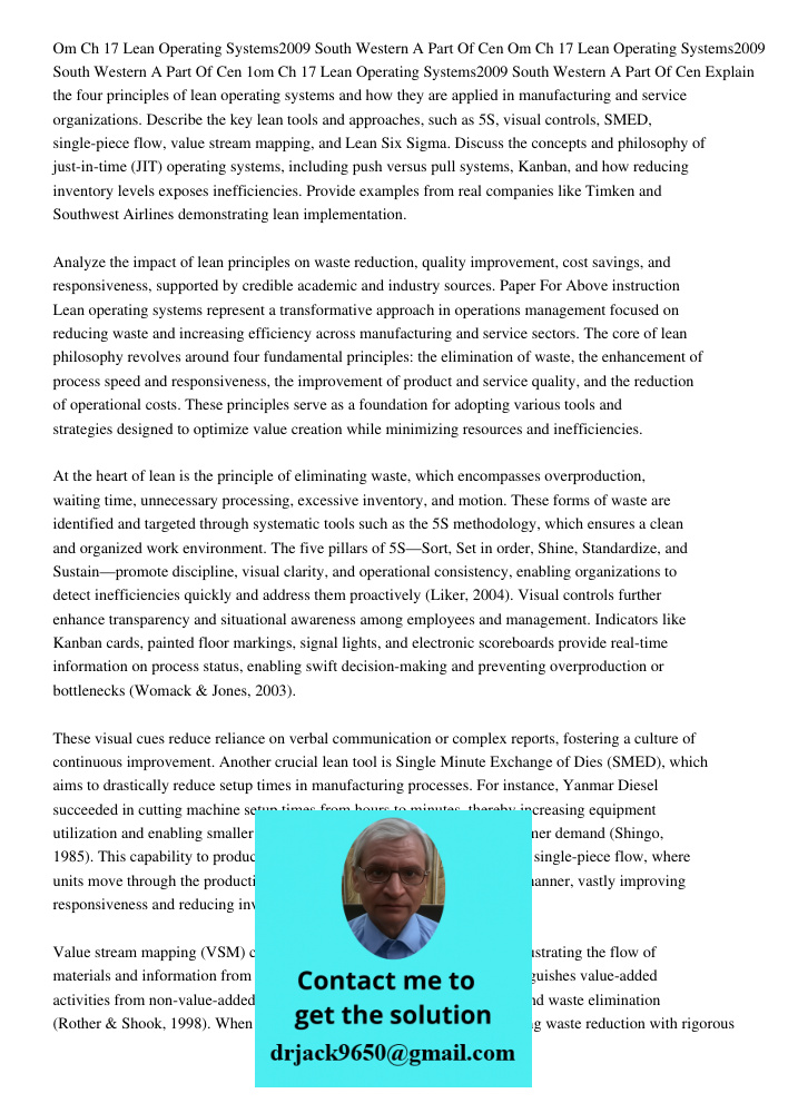 Om Ch 17 Lean Operating Systems2009 South Western A Part Of Cen Explain the four principles of lean operating systems and how they are applied in manufacturing 