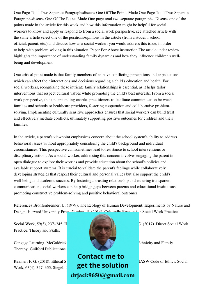 One page total two separate paragraphs. Discuss one of the points made in the article for this week and how this information might be helpful for social workers