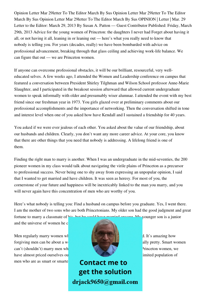 Opinion Letter Mar 29letter To The Editor March 29 2013 By Sus OPINION | Letter | Mar. 29 Letter to the Editor: March 29, 2013 By Susan A. Patton — Guest Contri