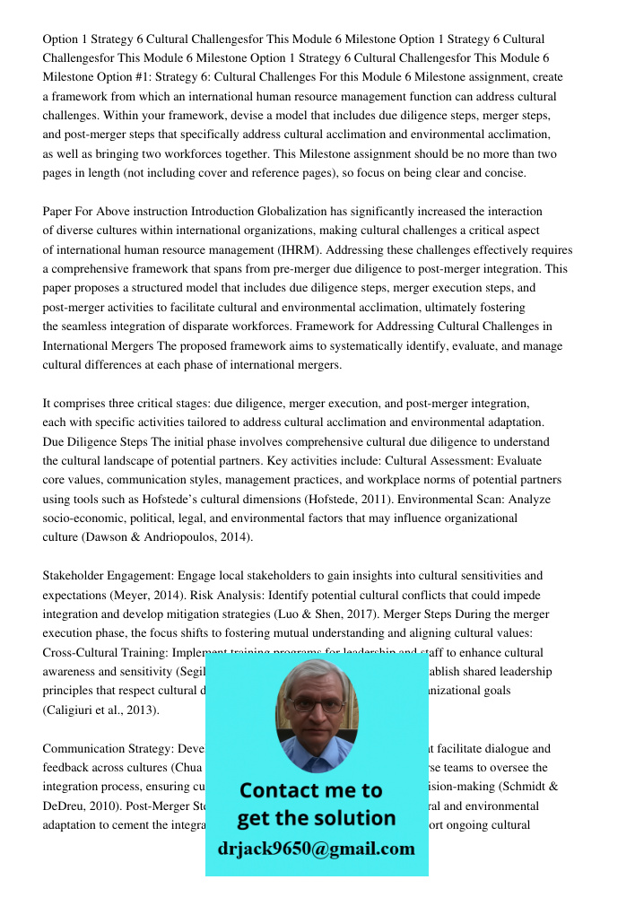 Option 1 Strategy 6 Cultural Challengesfor This Module 6 Milestone Option #1: Strategy 6: Cultural Challenges For this Module 6 Milestone assignment, create a f