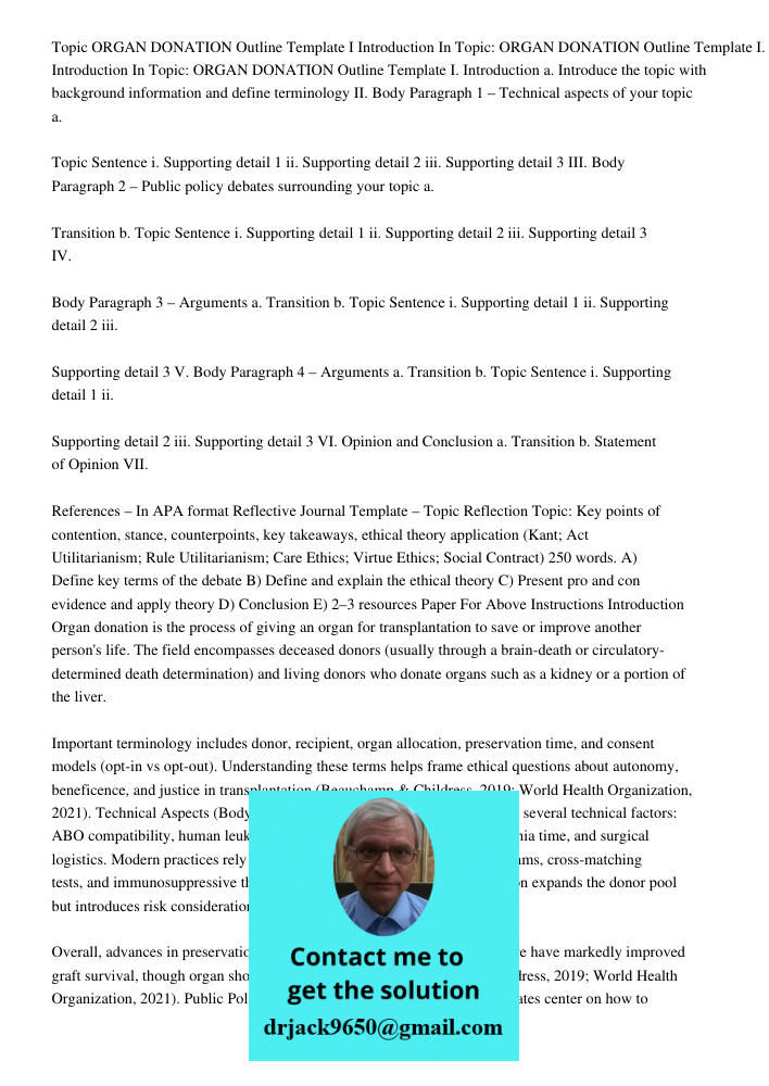 Topic: ORGAN DONATION Outline Template I. Introduction a. Introduce the topic with background information and define terminology II. Body Paragraph 1 – Technica