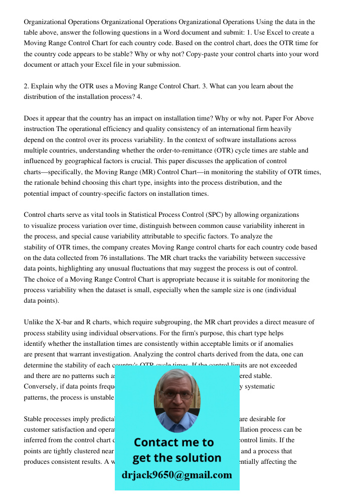 Organizational Operations Using the data in the table above, answer the following questions in a Word document and submit: 1. Use Excel to create a Moving Range
