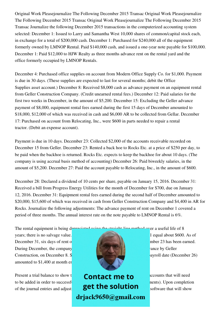 Original Work Pleasejournalize The Following December 2015 Transac Journalize the following December 2015 transactions in the computerized accounting system sel