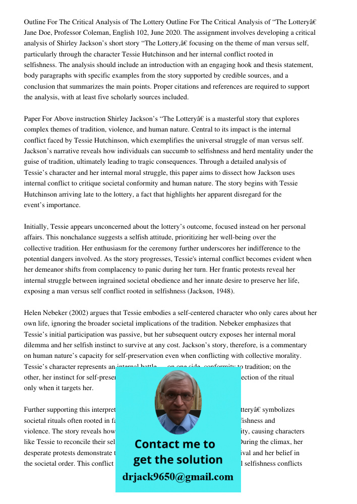Jane Doe, Professor Coleman, English 102, June 2020. The assignment involves developing a critical analysis of Shirley Jackson’s short story “The Lottery,” focu