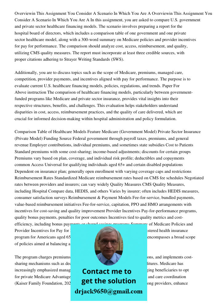 In this assignment, you are asked to compare U.S. government and private sector healthcare financing models. The scenario involves preparing a report for the ho
