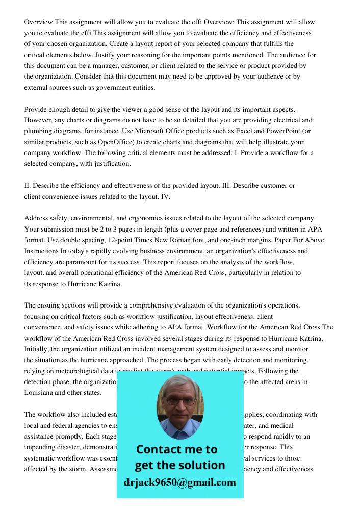 This assignment will allow you to evaluate the efficiency and effectiveness of your chosen organization. Create a layout report of your selected company that fu