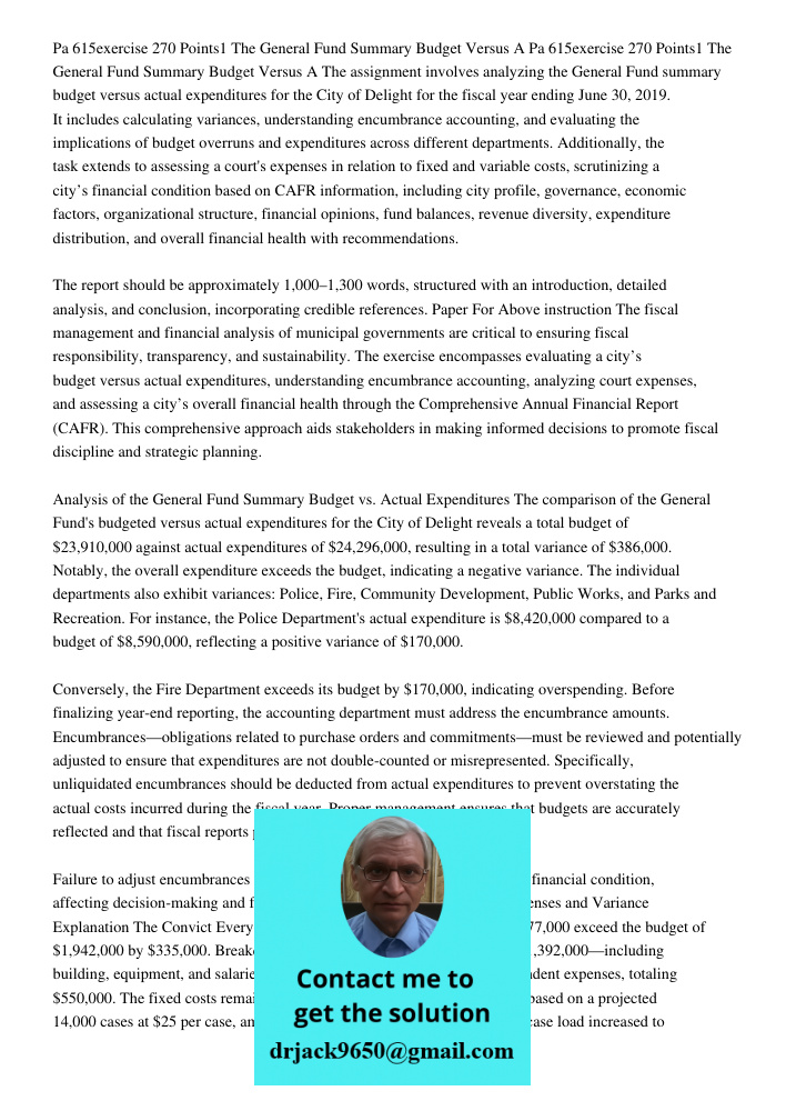 The assignment involves analyzing the General Fund summary budget versus actual expenditures for the City of Delight for the fiscal year ending June 30, 2019. I
