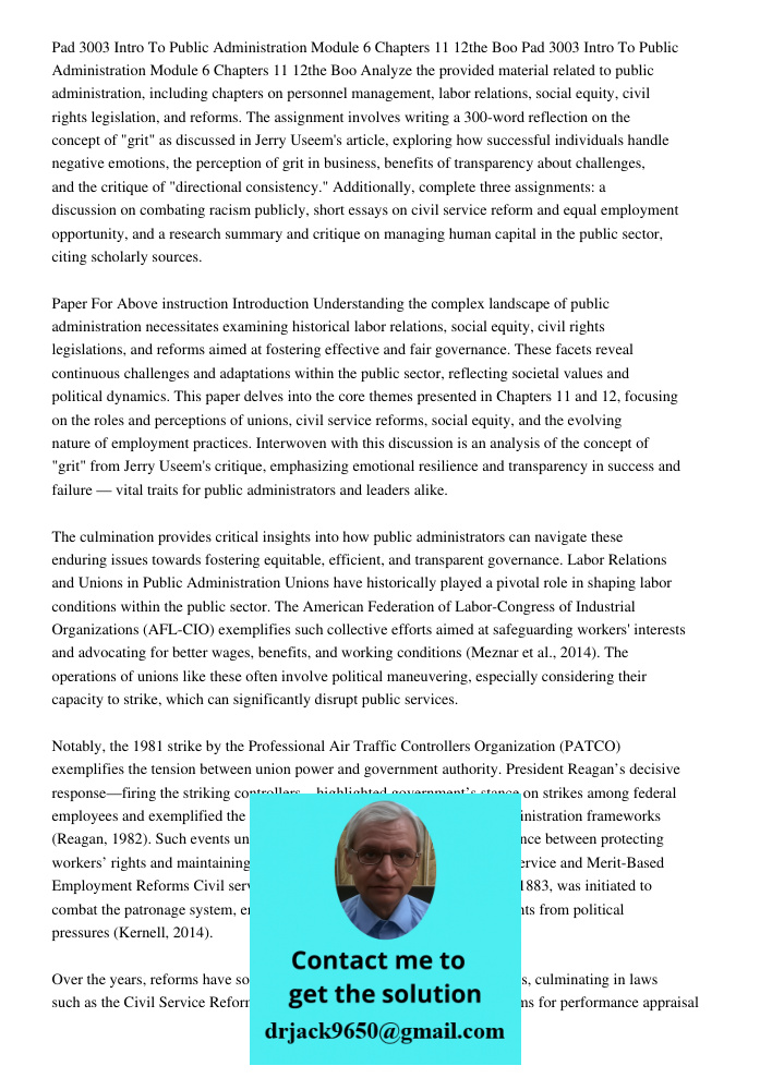 Analyze the provided material related to public administration, including chapters on personnel management, labor relations, social equity, civil rights legisla