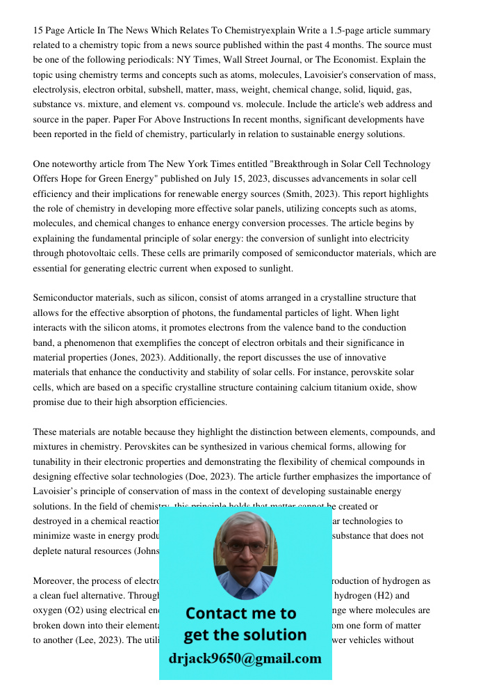 Write a 1.5-page article summary related to a chemistry topic from a news source published within the past 4 months. The source must be one of the following per