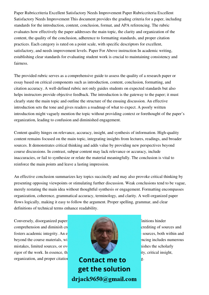 This document provides the grading criteria for a paper, including standards for the introduction, content, conclusion, format, and APA referencing. The rubric 
