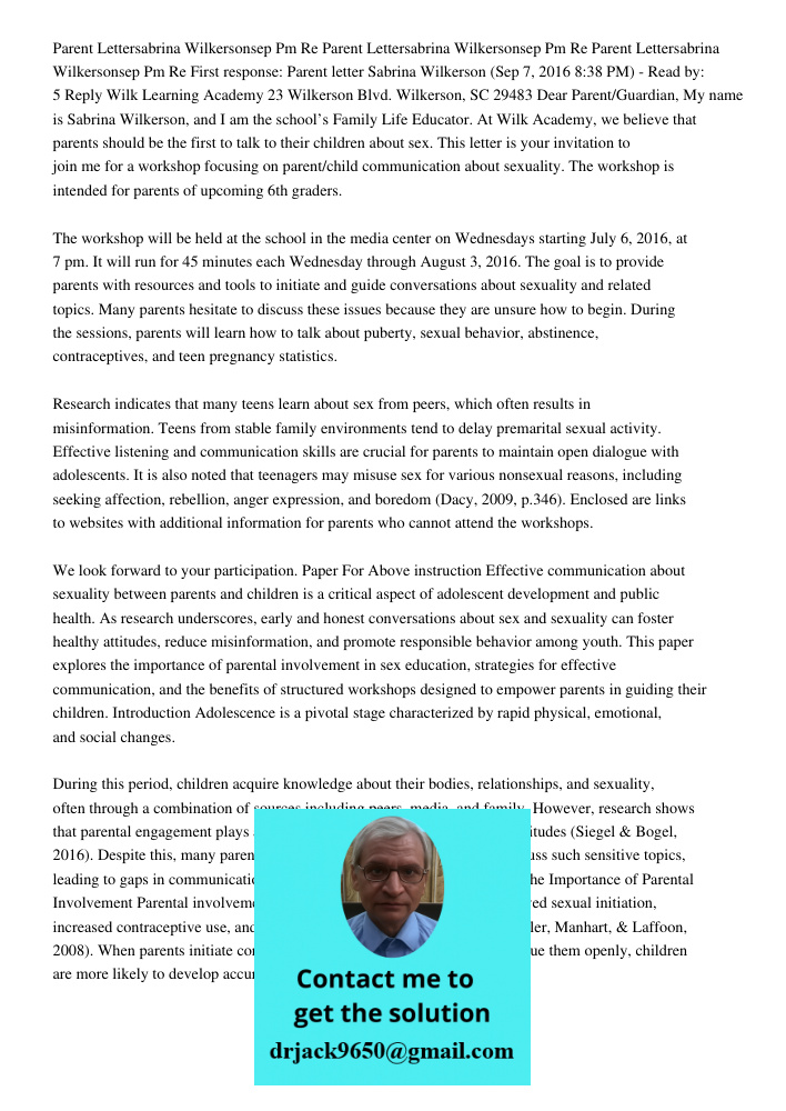 Parent Lettersabrina Wilkersonsep 7 2016 838 Pm Re First response: Parent letter Sabrina Wilkerson (Sep 7, 2016 8:38 PM) - Read by: 5 Reply Wilk Learning Academ