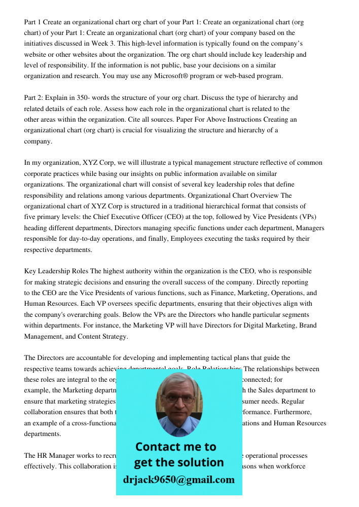 Part 1: Create an organizational chart (org chart) of your company based on the initiatives discussed in Week 3. This high-level information is typically found 