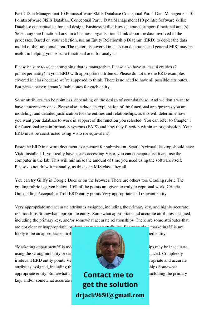 Part 1 Data Management (10 points) Software skills: Database conceptualisation and design. Business skills: How databases support functional area(s) Select any 