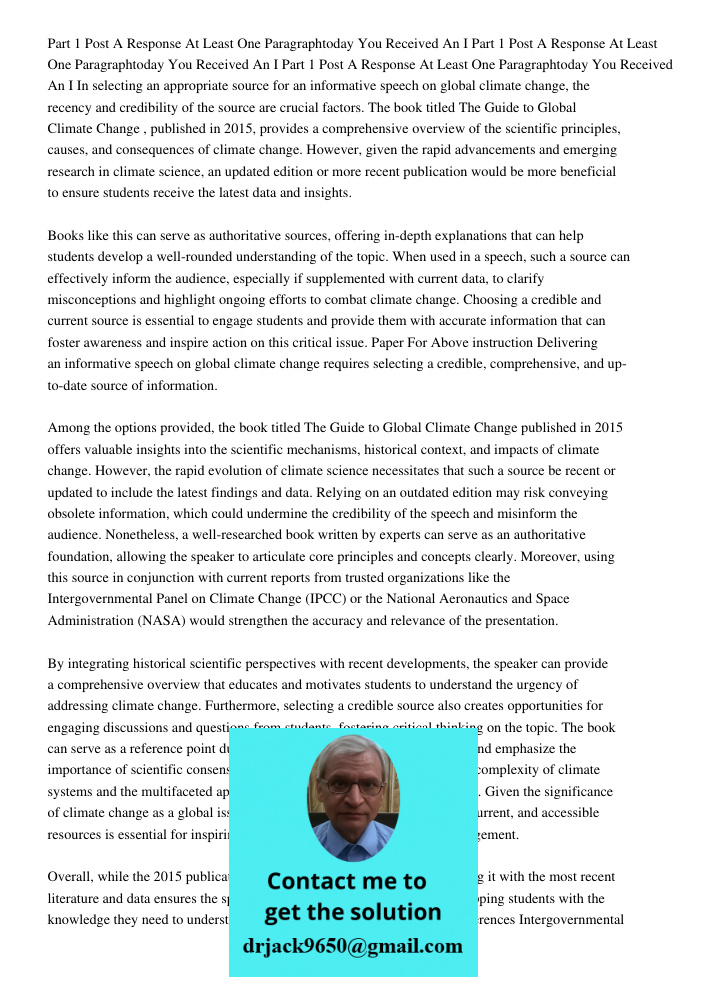 Part 1 Post A Response At Least One Paragraphtoday You Received An I In selecting an appropriate source for an informative speech on global climate change, the 