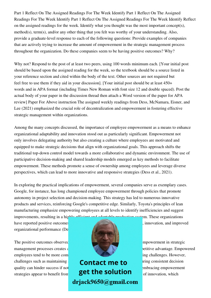 Part 1 Reflect On The Assigned Readings For The Week Identify Reflect on the assigned readings for the week. Identify what you thought was the most important co