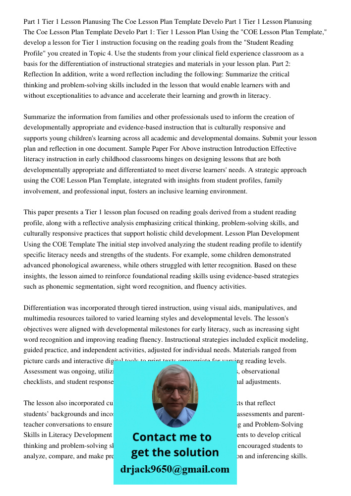 Part 1: Tier 1 Lesson Plan Using the "COE Lesson Plan Template," develop a lesson for Tier 1 instruction focusing on the reading goals from the "Student Reading