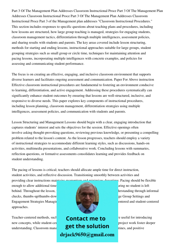 Part 3 Of The Management Plan Addresses Classroom Instructional Proce Part 3 of the Management plan addresses "Classroom Instructional Procedures." This section
