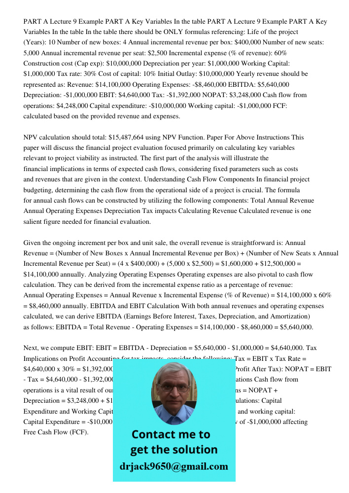 In the table there should be ONLY formulas referencing: Life of the project (Years): 10 Number of new boxes: 4 Annual incremental revenue per box: $400,000 Numb
