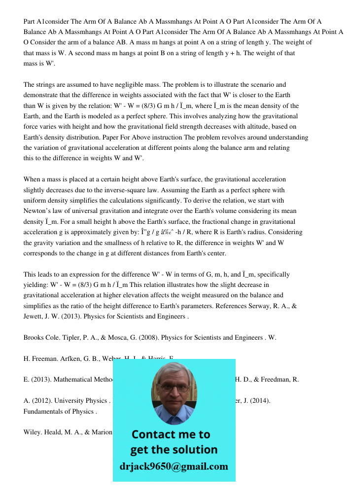 Part A1consider The Arm Of A Balance Ab A Massmhangs At Point A O Consider the arm of a balance AB. A mass m hangs at point A on a string of length y. The weigh