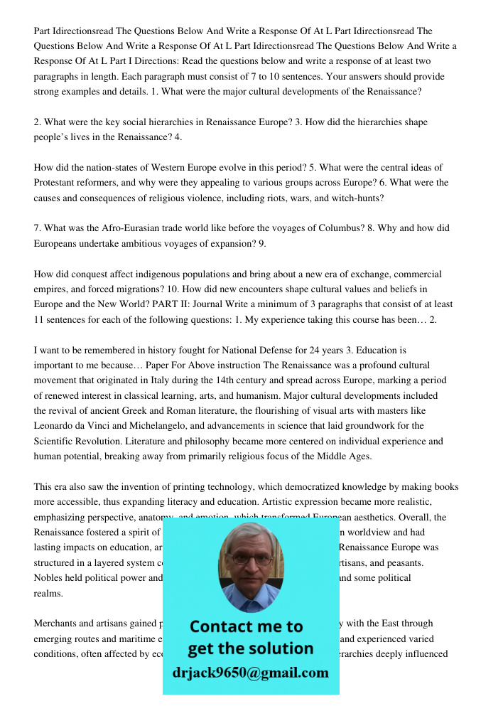 Part Idirectionsread The Questions Below And Write a Response Of At L Part I Directions: Read the questions below and write a response of at least two paragraph