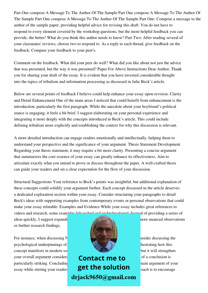 Part One compose A Message To The Author Of The Sample Part One: Compose a message to the author of the sample paper, providing helpful advice for revising this