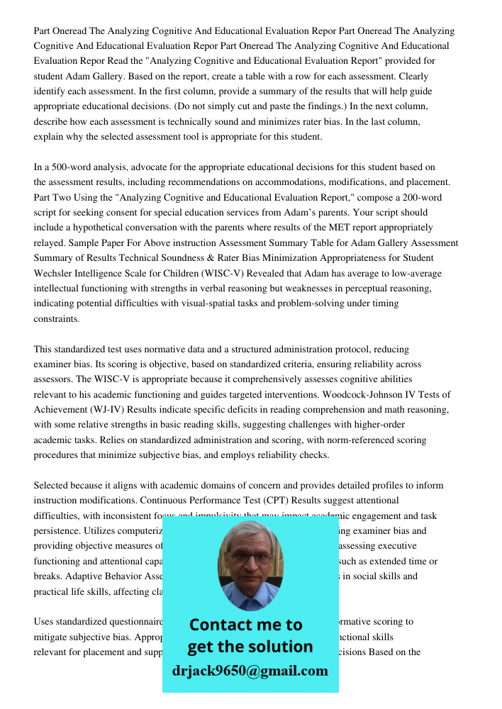 Part Oneread The Analyzing Cognitive And Educational Evaluation Repor Read the "Analyzing Cognitive and Educational Evaluation Report" provided for student Adam