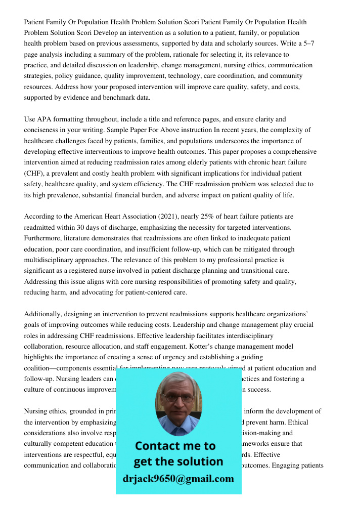 Develop an intervention as a solution to a patient, family, or population health problem based on previous assessments, supported by data and scholarly sources.