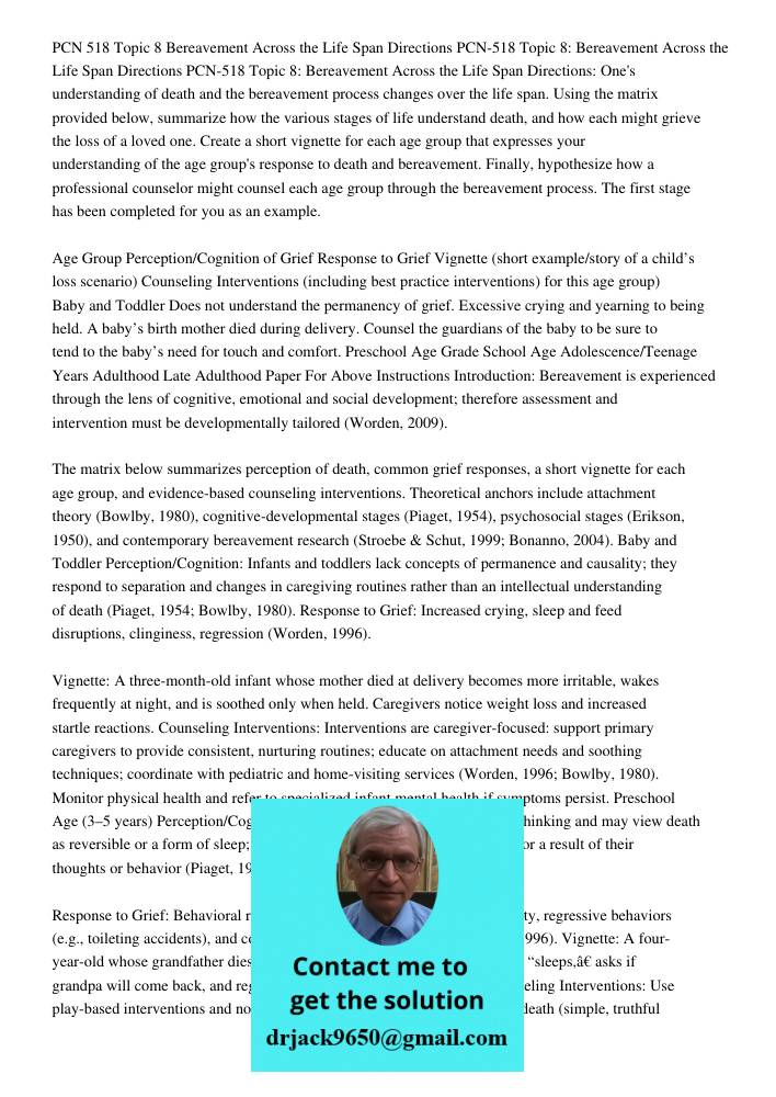 PCN-518 Topic 8: Bereavement Across the Life Span Directions: One's understanding of death and the bereavement process changes over the life span. Using the mat