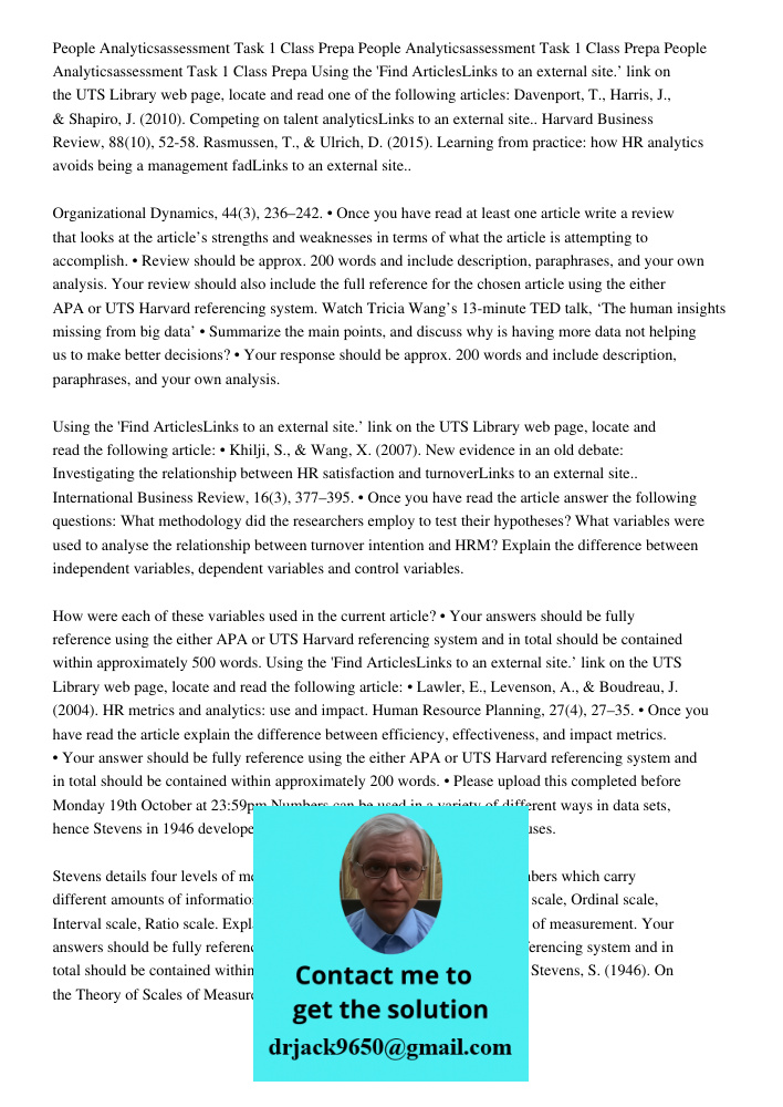 People Analyticsassessment Task 1 Class Prepa Using the 'Find ArticlesLinks to an external site.’ link on the UTS Library web page, locate and read one of the f