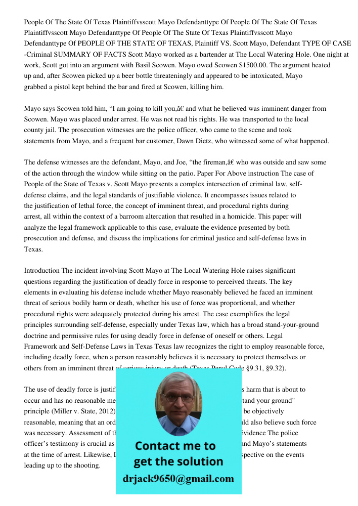 People Of The State Of Texas Plaintiffvsscott Mayo Defendanttype Of PEOPLE OF THE STATE OF TEXAS, Plaintiff VS. Scott Mayo, Defendant TYPE OF CASE -Criminal SUM