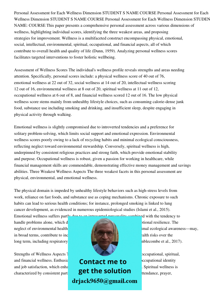 Personal Assessment for Each Wellness Dimension STUDENT S NAME COURSE This paper presents a comprehensive personal assessment across various dimensions of welln