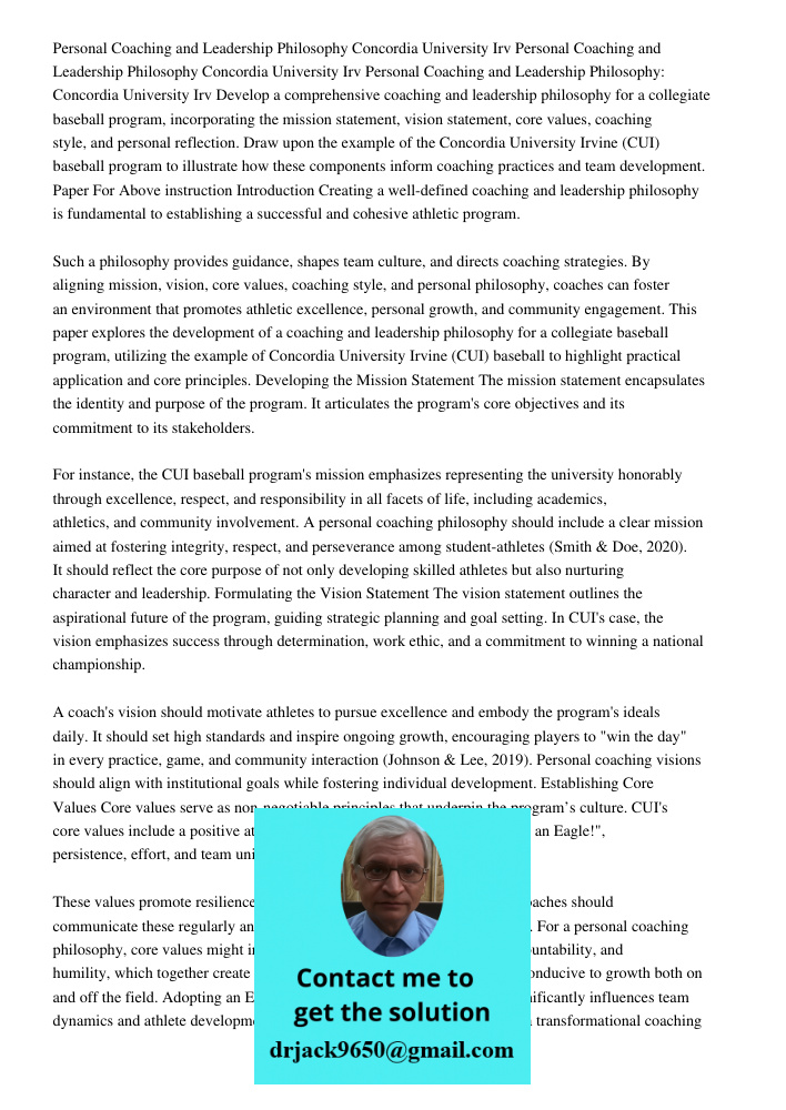 Personal Coaching and Leadership Philosophy Concordia University Irv Develop a comprehensive coaching and leadership philosophy for a collegiate baseball progra