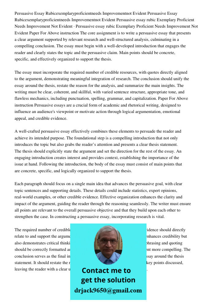 Persuasive essay rubic Exemplary Proficient Needs Improvement Not Evident · Persuasive essay rubic Exemplary Proficient Needs Improvement Not Evident Paper For 