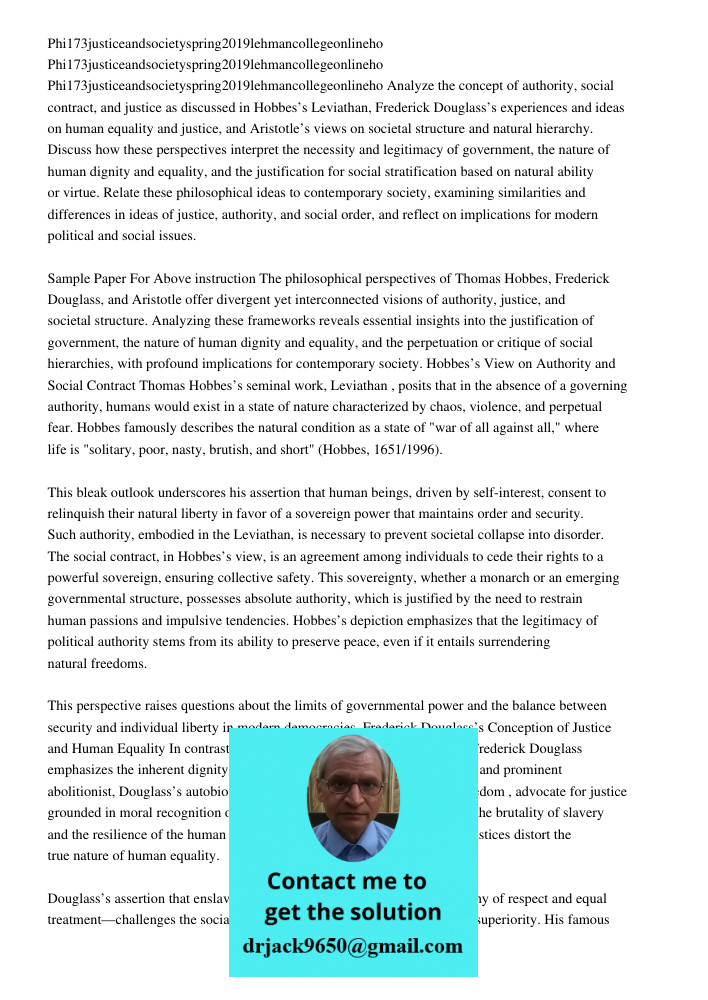 Phi173justiceandsocietyspring2019lehmancollegeonlineho Analyze the concept of authority, social contract, and justice as discussed in Hobbes’s Leviathan, Freder