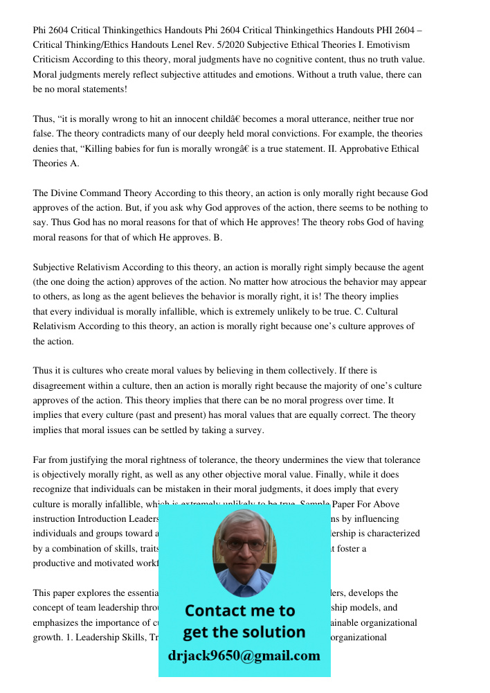 PHI 2604 – Critical Thinking/Ethics Handouts Lenel Rev. 5/2020 Subjective Ethical Theories I. Emotivism Criticism According to this theory, moral judgments have