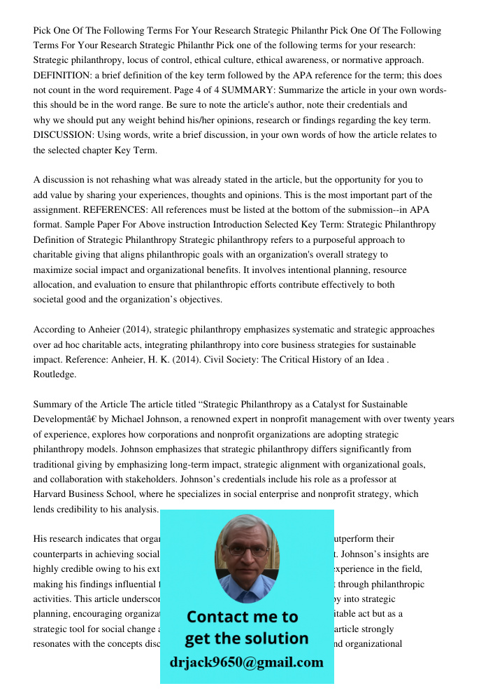 Pick one of the following terms for your research: Strategic philanthropy, locus of control, ethical culture, ethical awareness, or normative approach. DEFINITI
