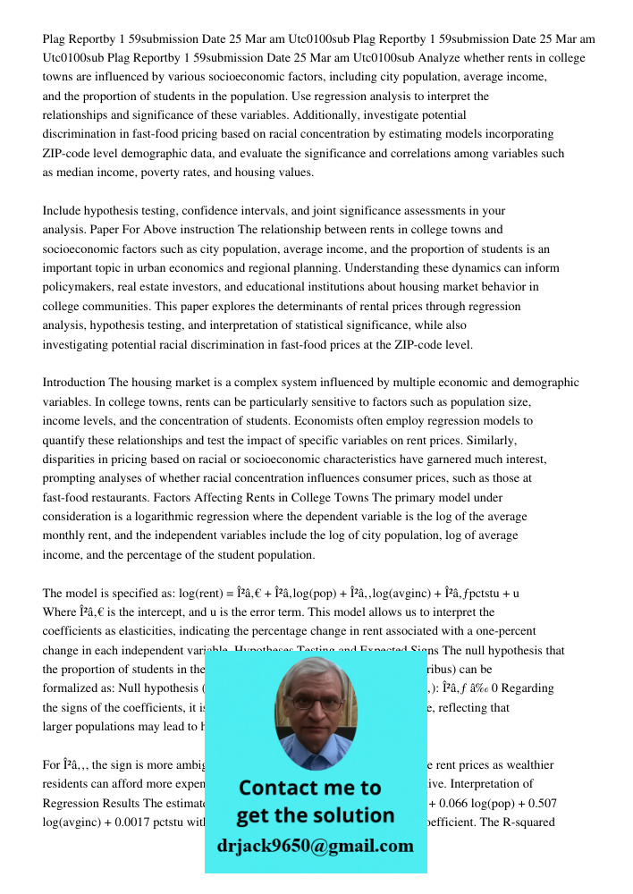 Plag Reportby 1 59submission Date 25 Mar 2020 1159am Utc0100sub Analyze whether rents in college towns are influenced by various socioeconomic factors, includin