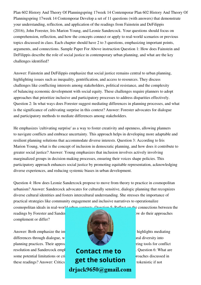 Develop a set of 11 questions (with answers) that demonstrate your understanding, reflection, and application of the readings from Fainstein and DeFilippis (201