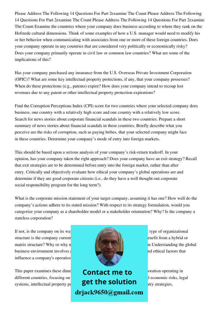 Please Address The Following 14 Questions For Part 2examine The Count Examine the countries where your company does business according to where they rank on the