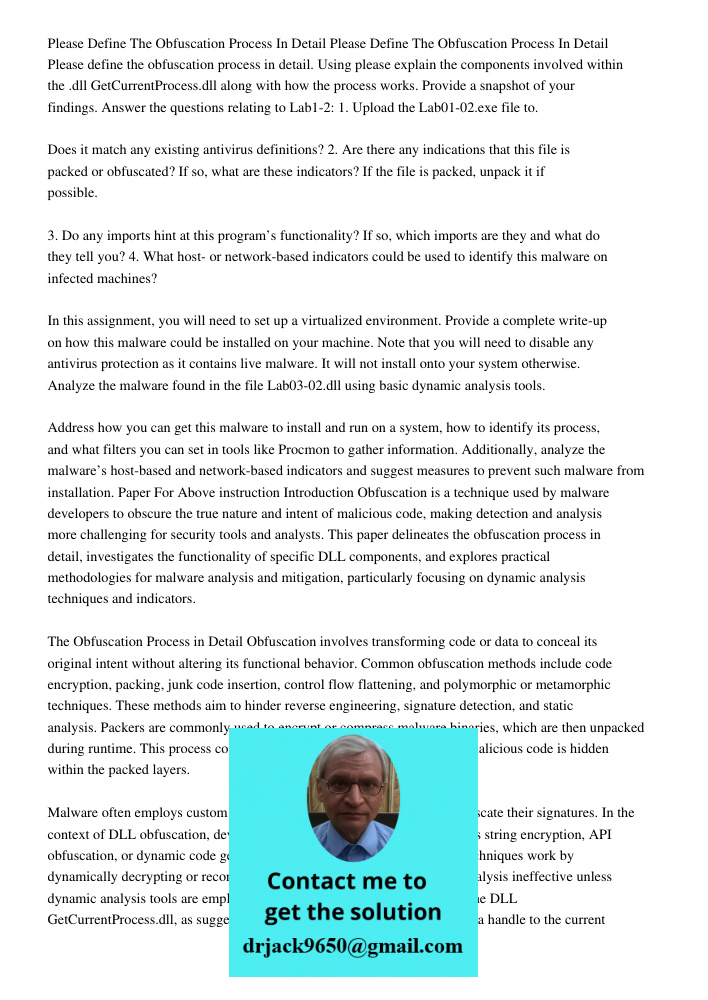 Please define the obfuscation process in detail. Using http://www, please explain the components involved within the .dll GetCurrentProcess.dll along with how t