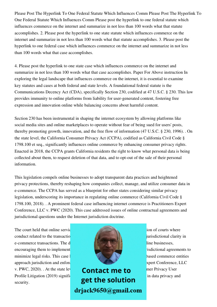 Please post the hyperlink to one federal statute which influences commerce on the internet and summarize in not less than 100 words what that statute accomplish